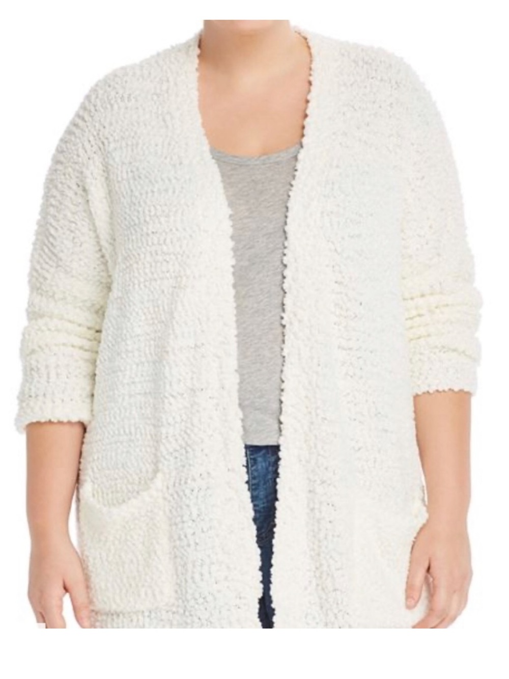 Cupio woman popcorn cream open front cozy long cardigan sweater 1X